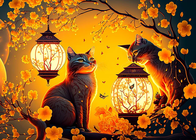 cat cherry blossom