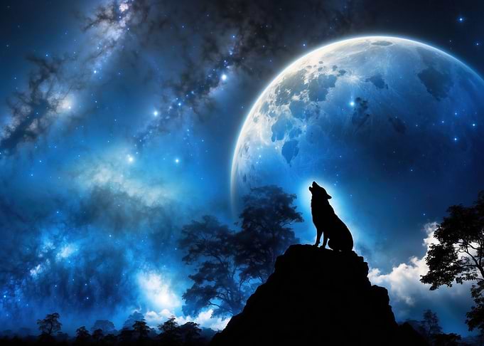 Wolf howling at full moon