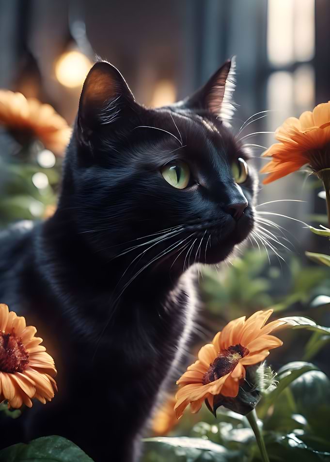 black cat in flower field