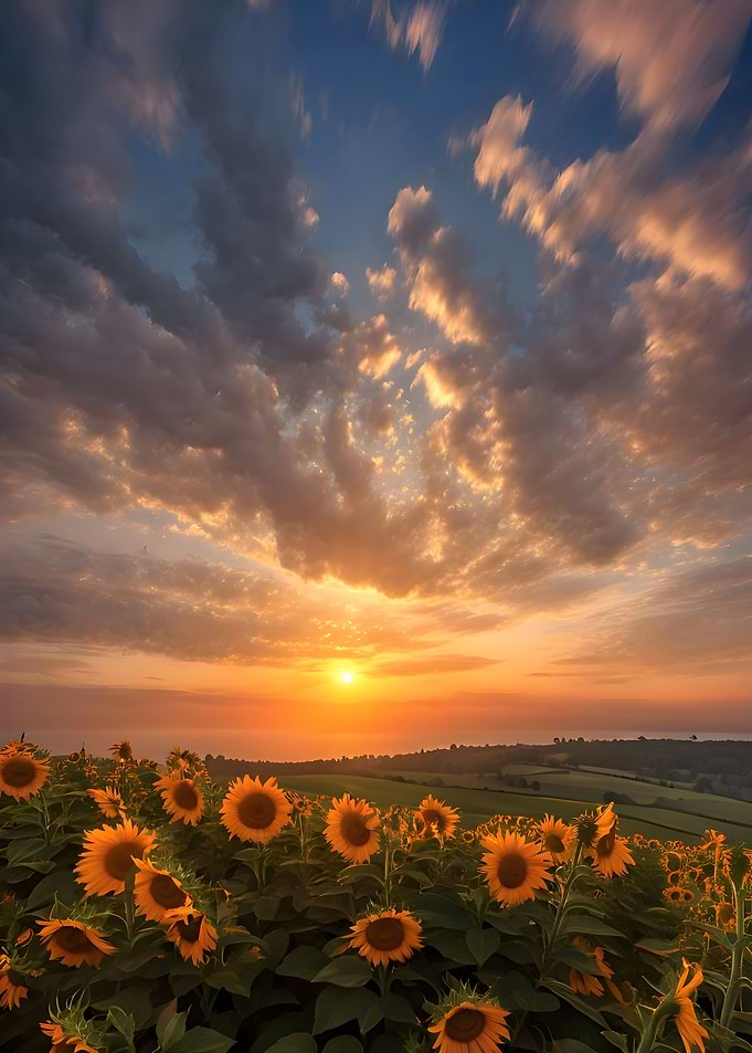 sunset through sunflower