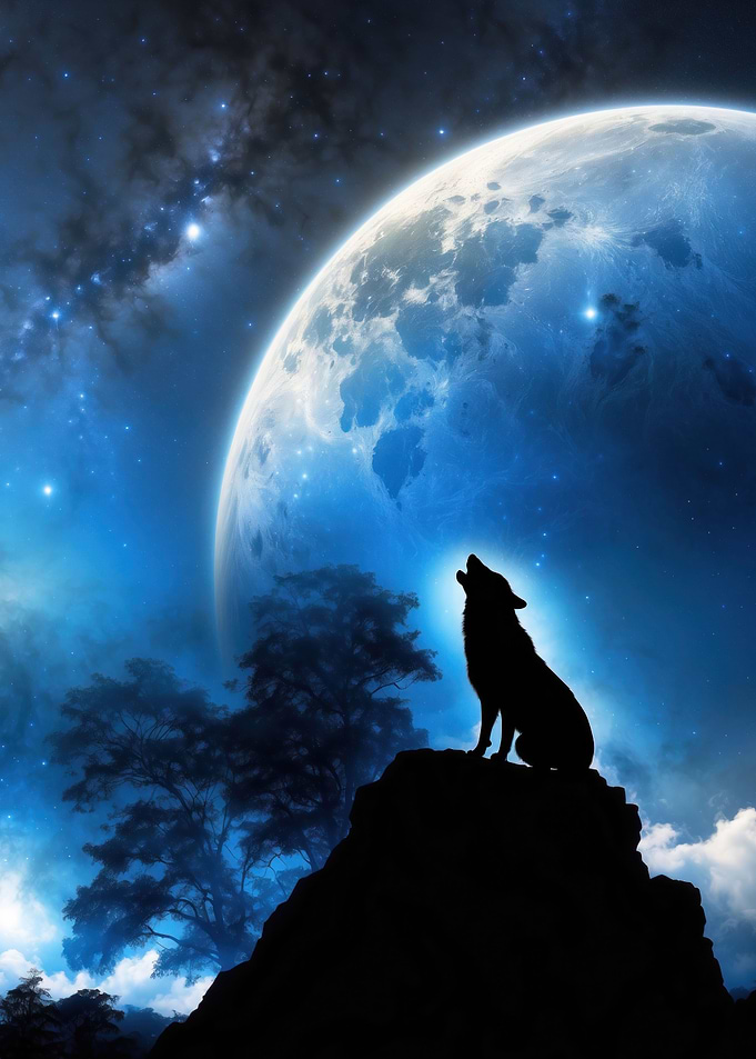 Wolf howling at moon