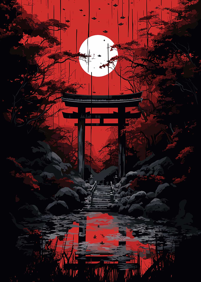 Japan Landscape Red Black