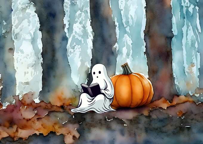 Ghost Reading With Pumpkin