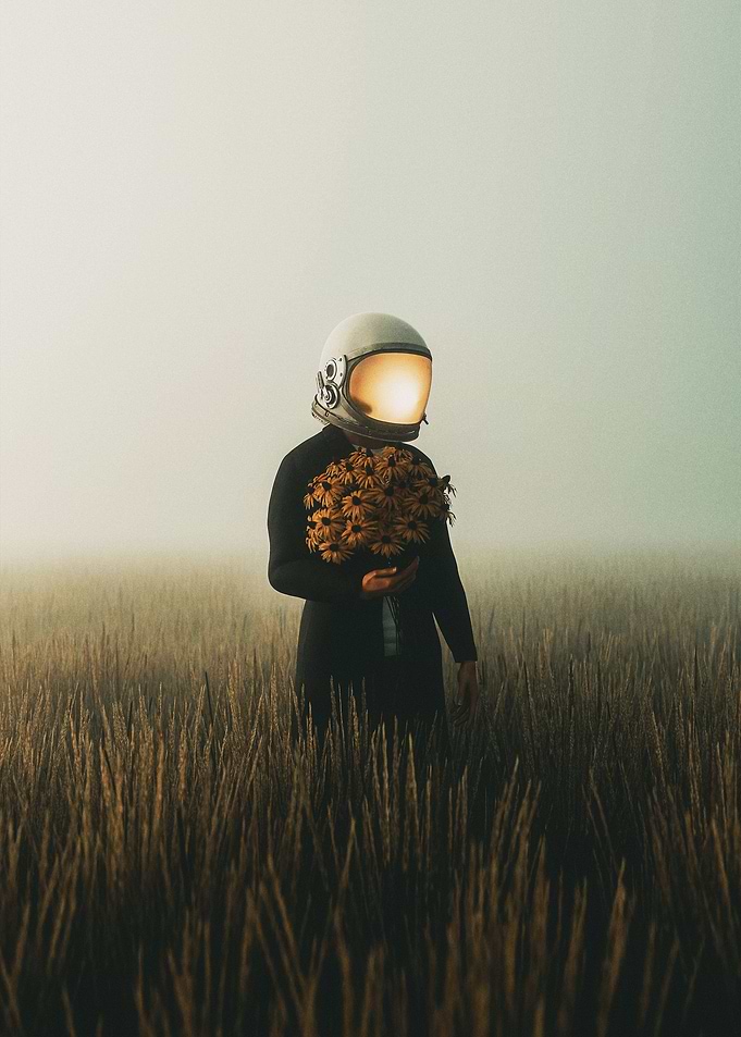 astronaut holding flowers