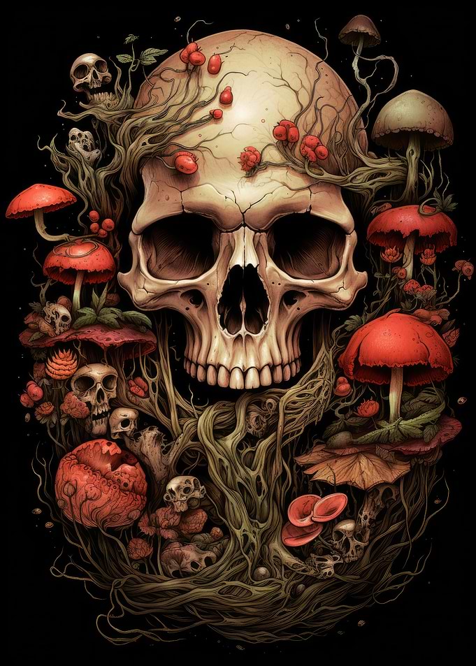 Skull and mushrooms