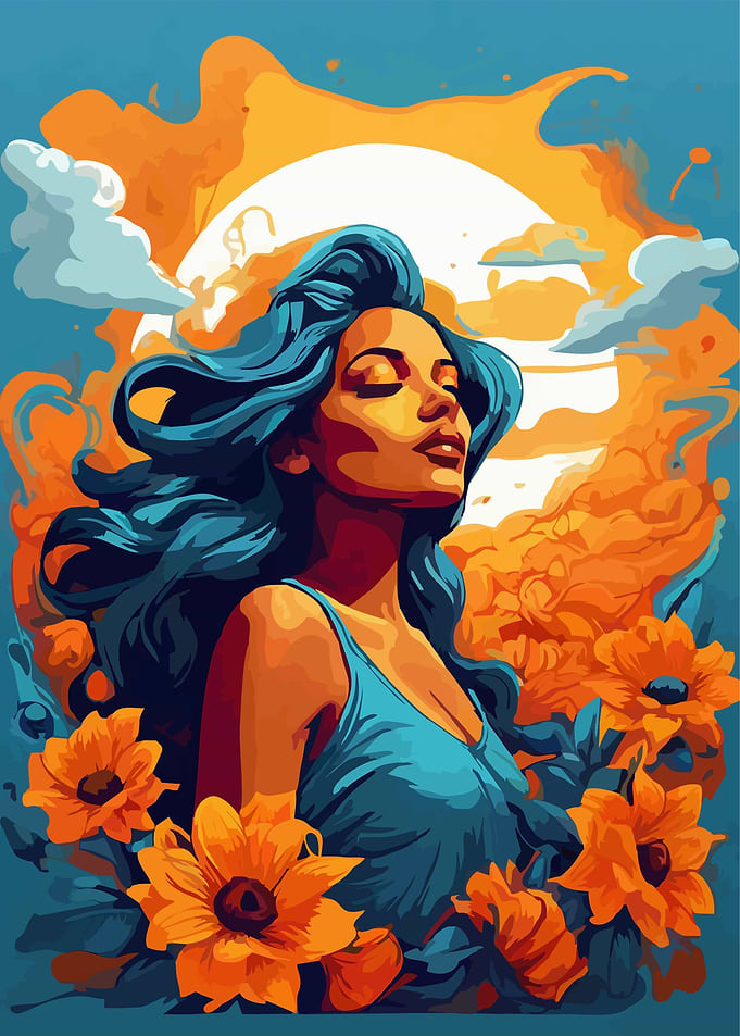 girl and sun flowers art
