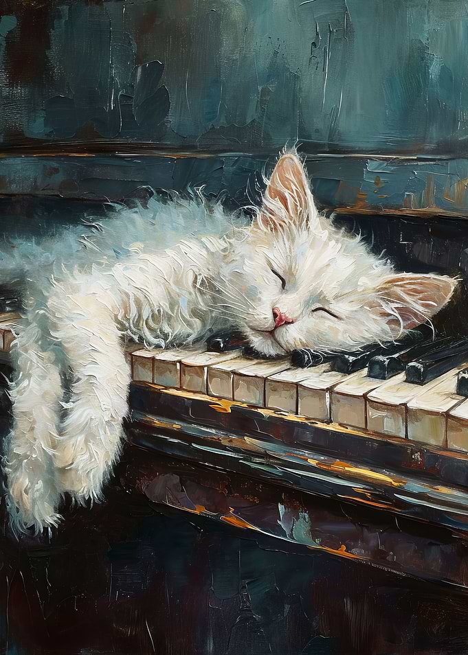 White Cat Sleep On Piano