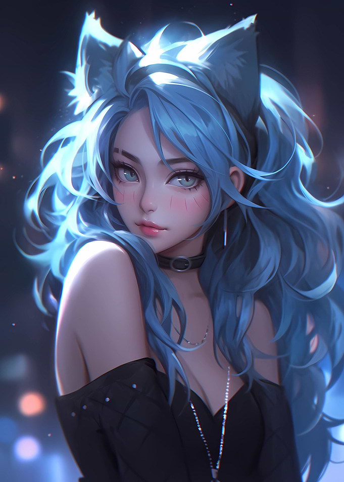 Cat Girl Blue Neon Anime