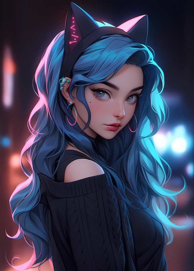 Cat Girl Blue Neon Anime