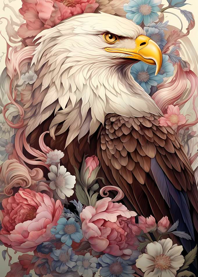 bald eagle among flowers