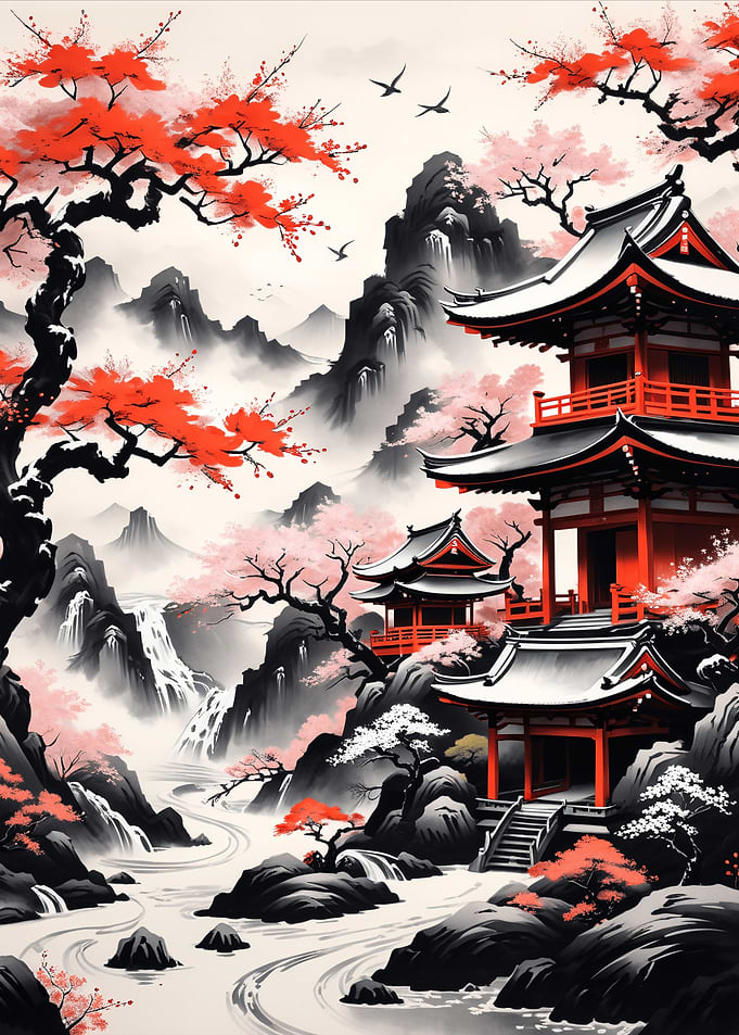 Japanese Temple Ink Wash