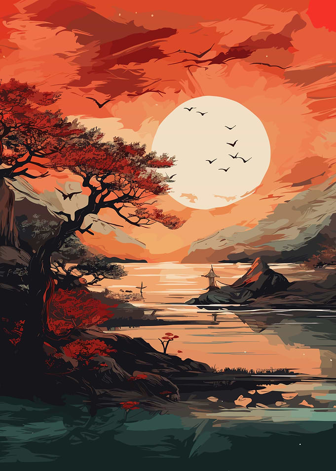 Japan Landscape Red Black