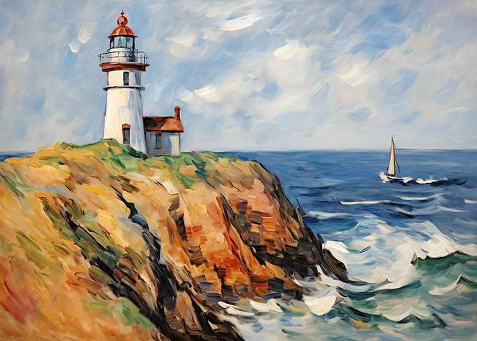 lighthouse with a sailboat