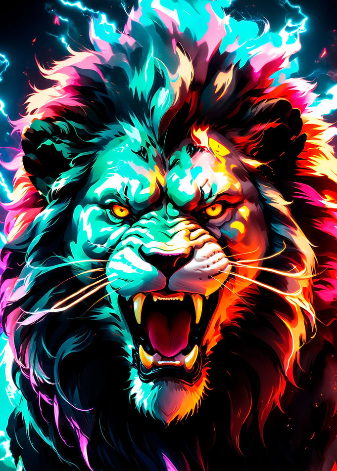 lion neon light art poster