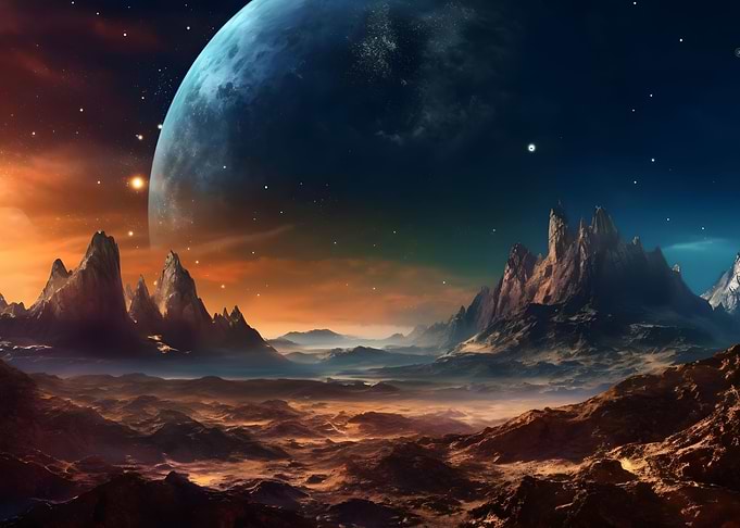Orange sun misty mountains