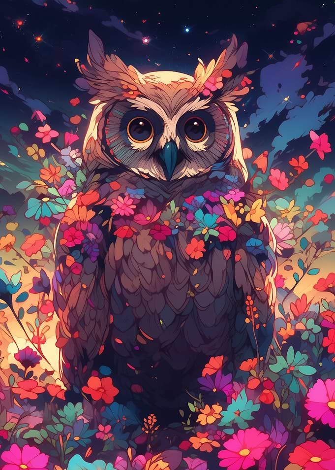 owl among flowers at night