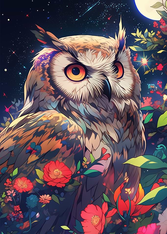 owl among flowers at night