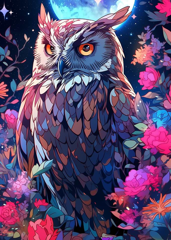 owl among flowers at night