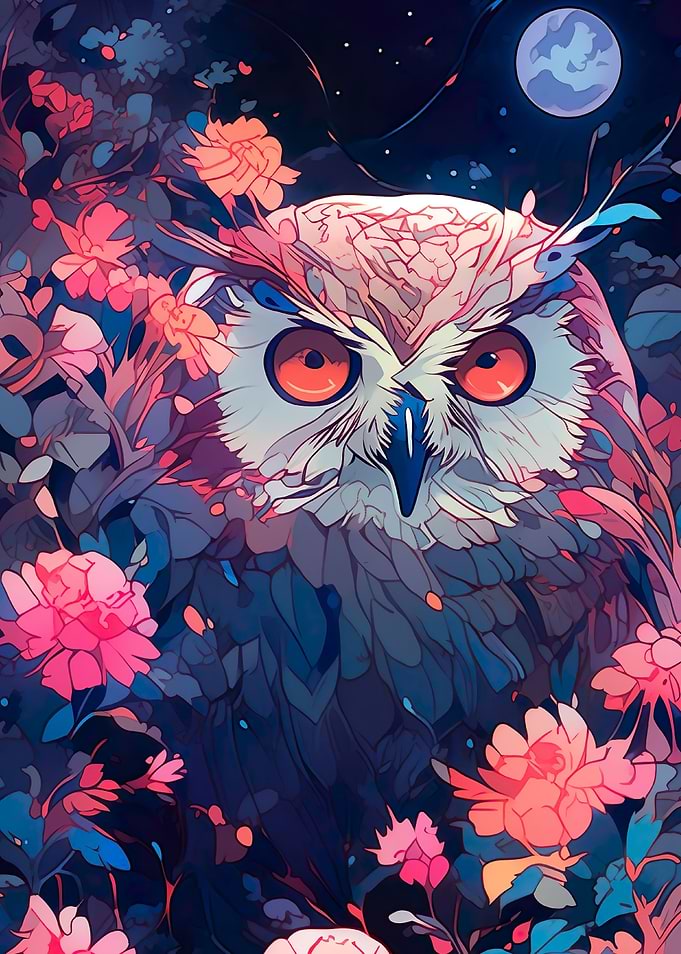 owl among flowers at night