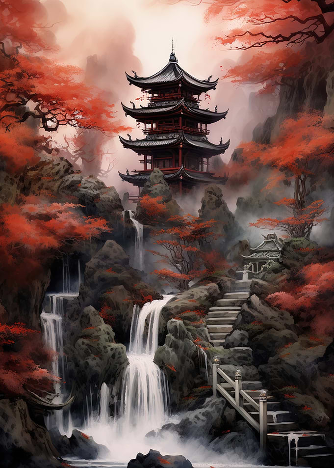 japan landscape red black