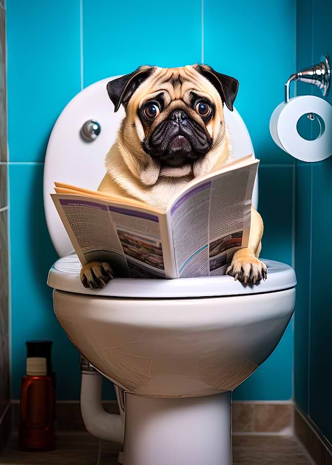 pug dog on the toilet