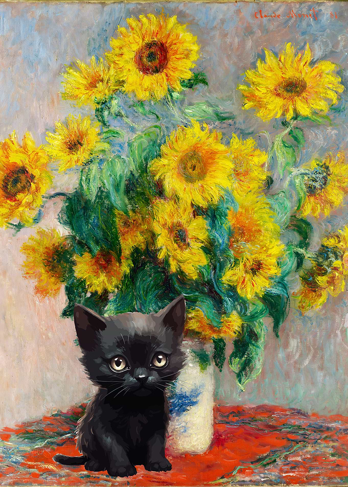 Monet Sunflowers Vase Cat