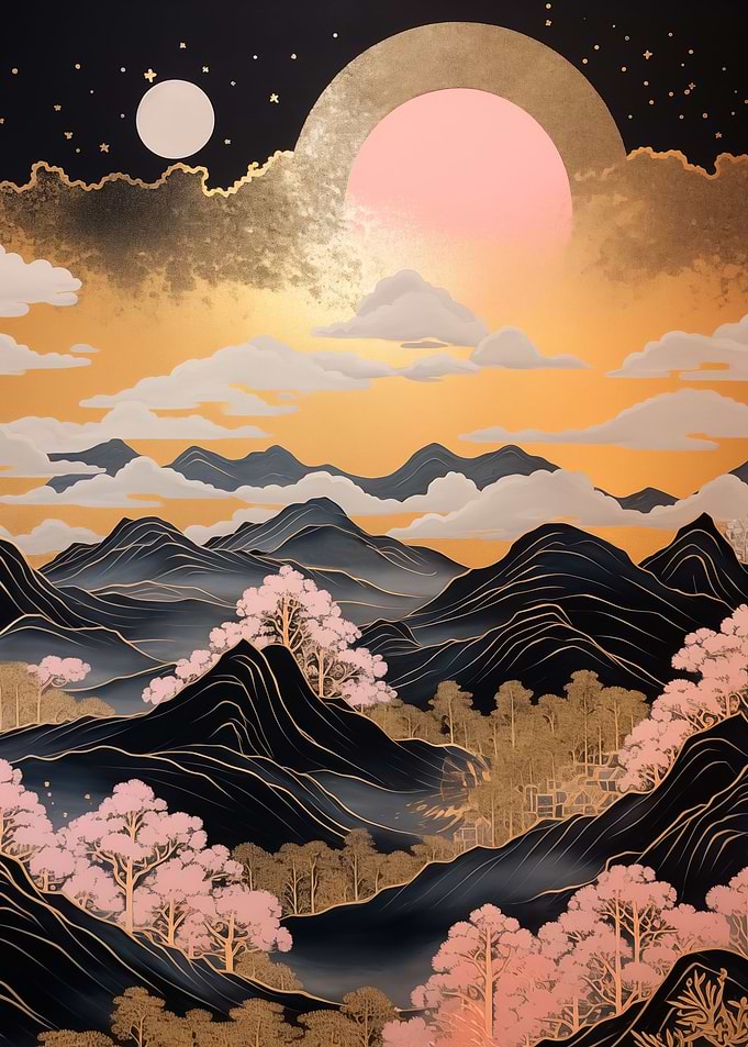 Mountains and Pink Sun