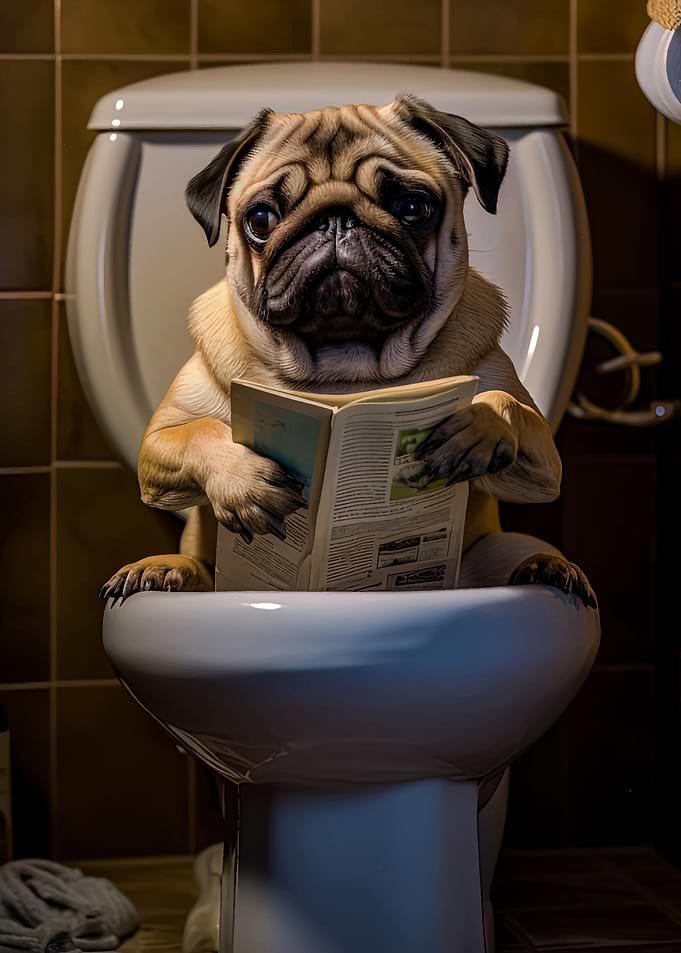 pug dog on the toilet