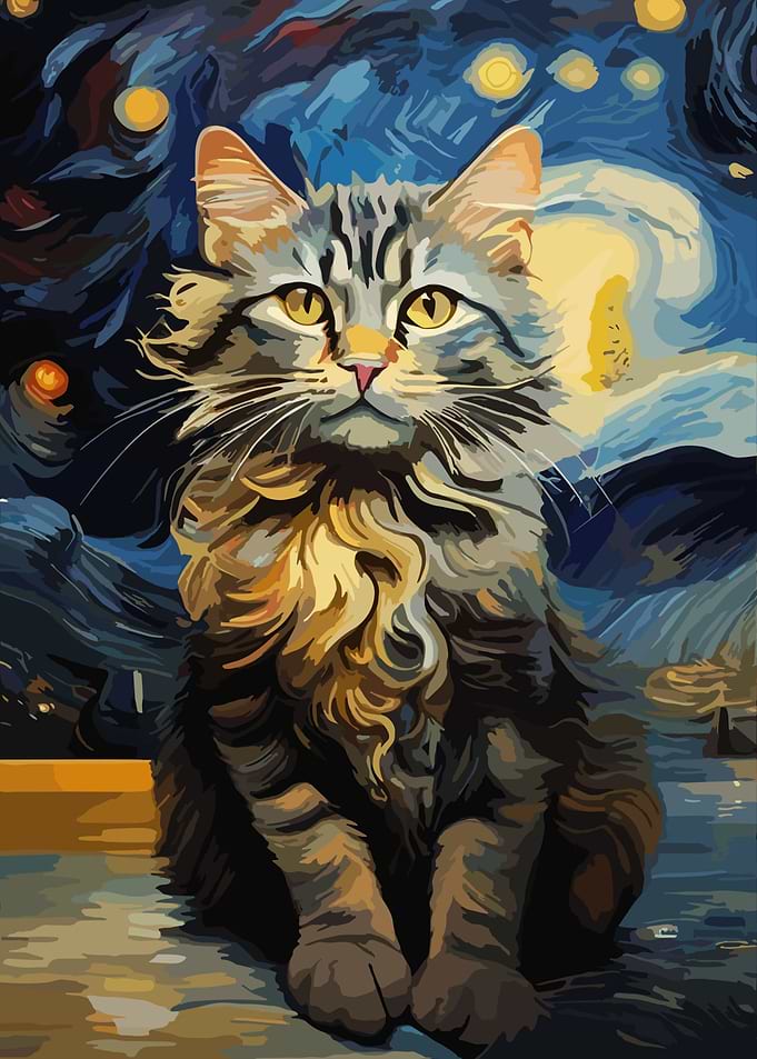 Cat night Starry Art