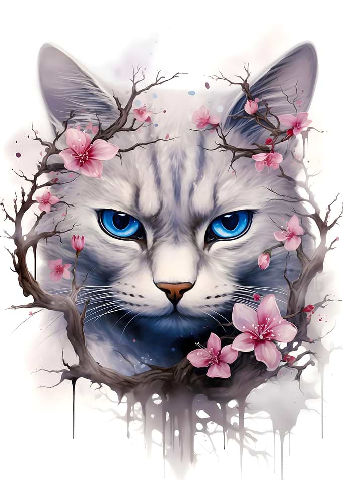 Cherry Blossom Gray Cat