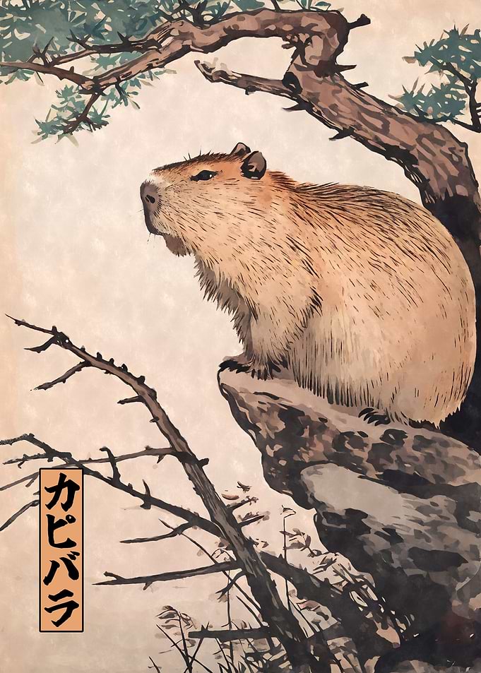 Capybara Woodblock Print