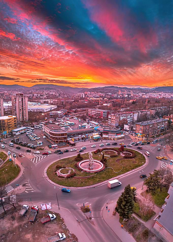 Sunset over a bus station