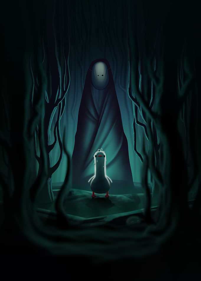 Baby duck in a dark forest