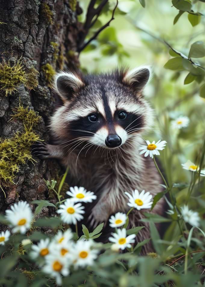 Cute Raccoon Picks Flowers