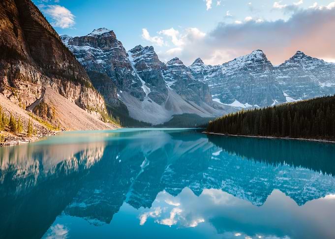 Sunset over lake and peaks