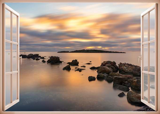 open window sea sunset