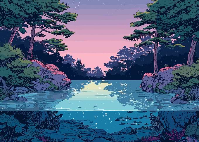 Retro Anime River Sunset