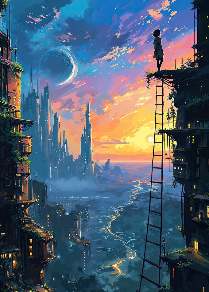 Girl Future City and Moon