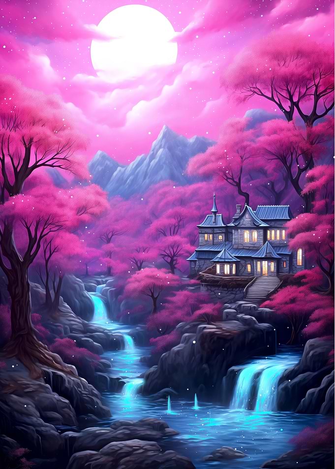 Pink forest waterfalls