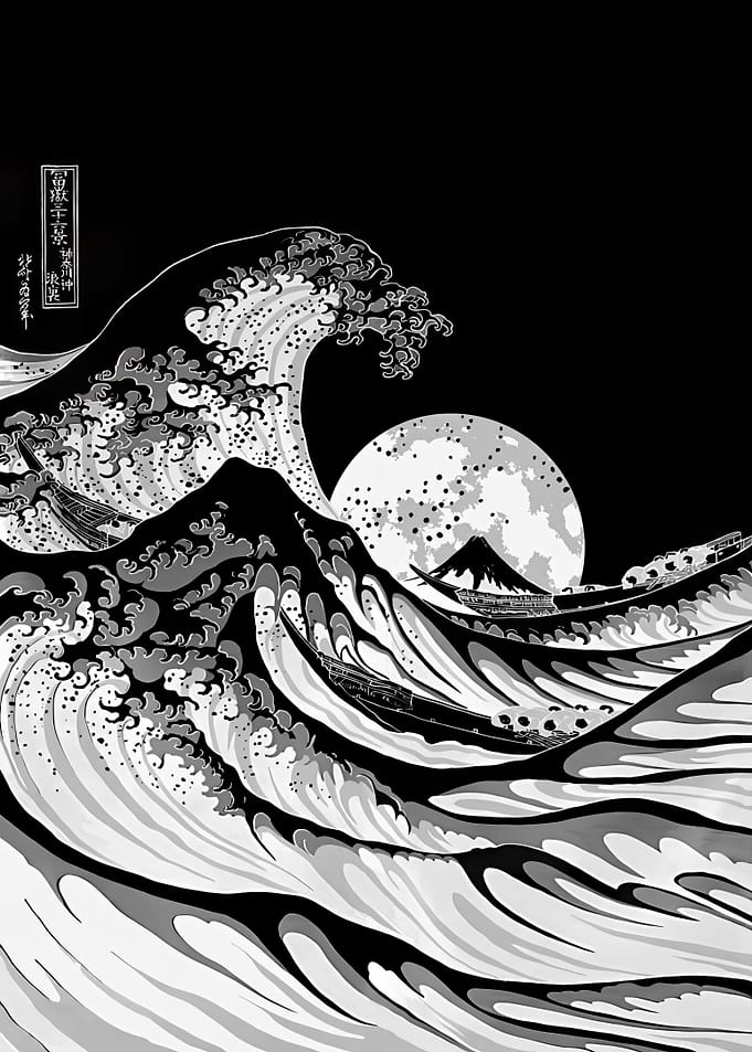 Hokusai wave in moon