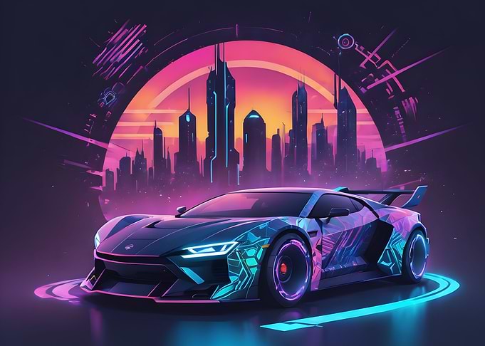 Neon City With Neon Car