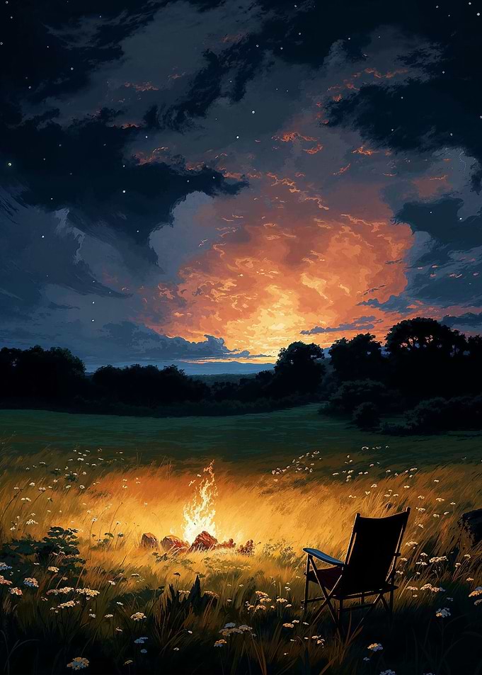 Campfire And Flower Field