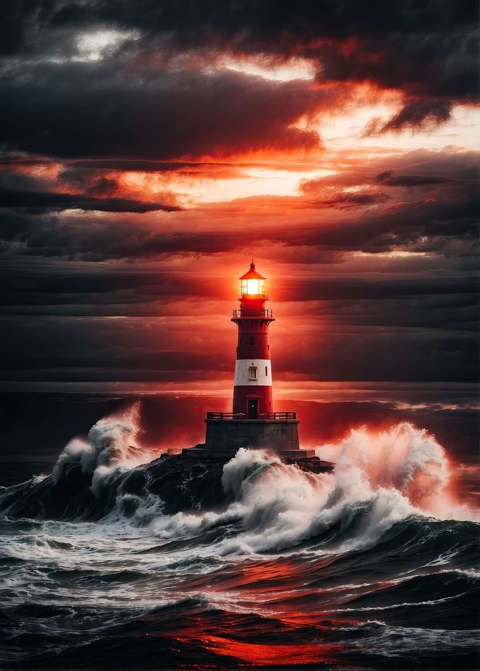 Lighthouse under red sky