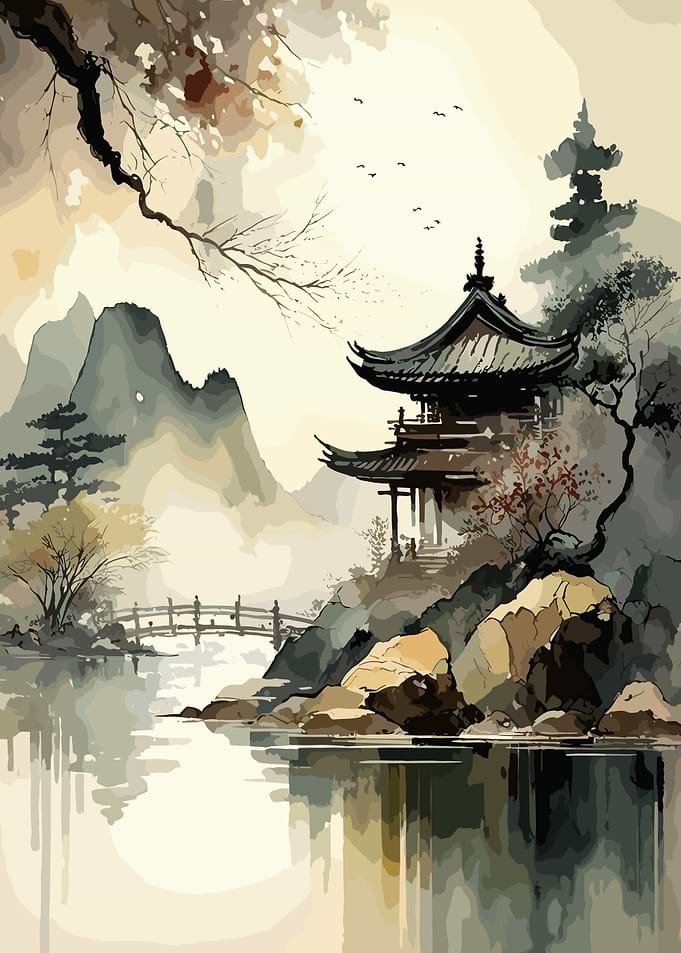 Asian House Watercolor Sky