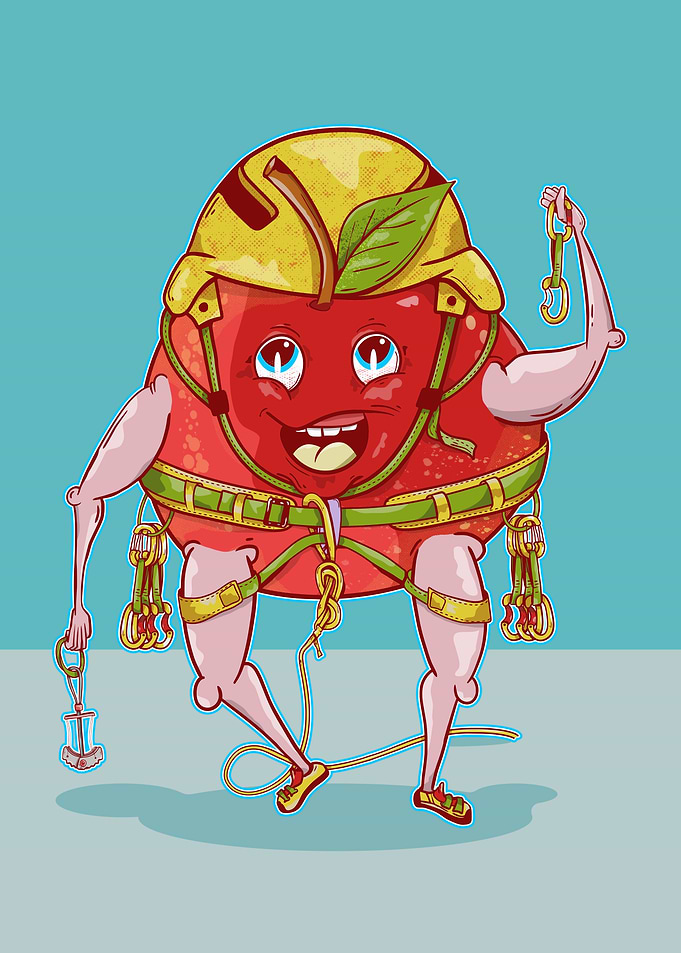 Funny apple rock climbing