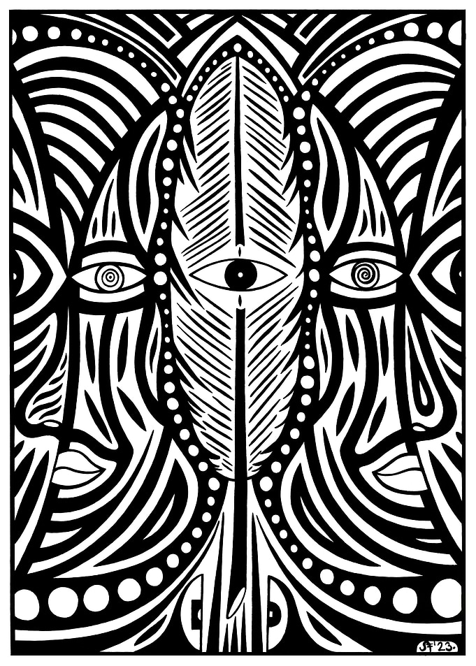 Feather and eyes in BW art