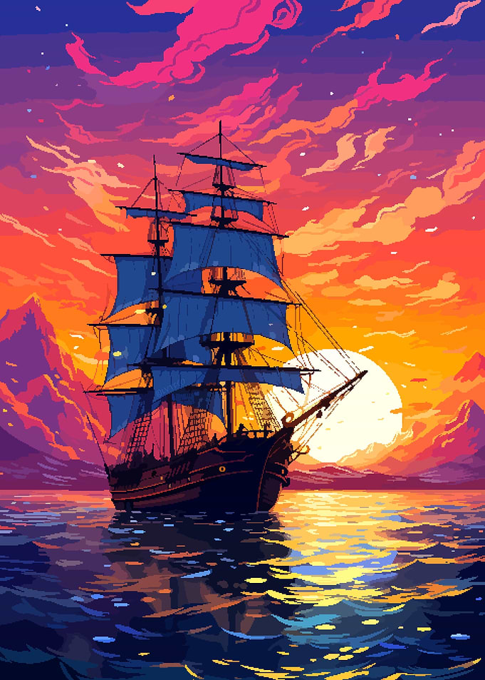 Pixel Art Retro Ship Sea