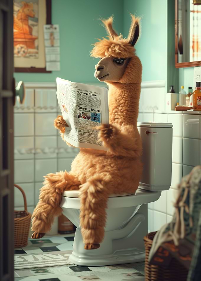 Alpaca sitting on Toilet