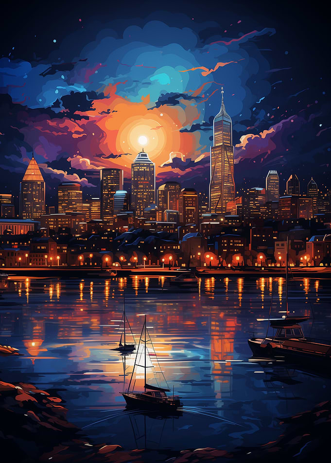 Neon Boston City at Night