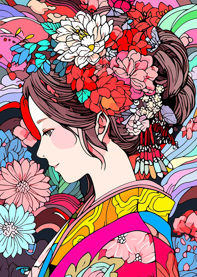 Calm Girl Kimono Flowers